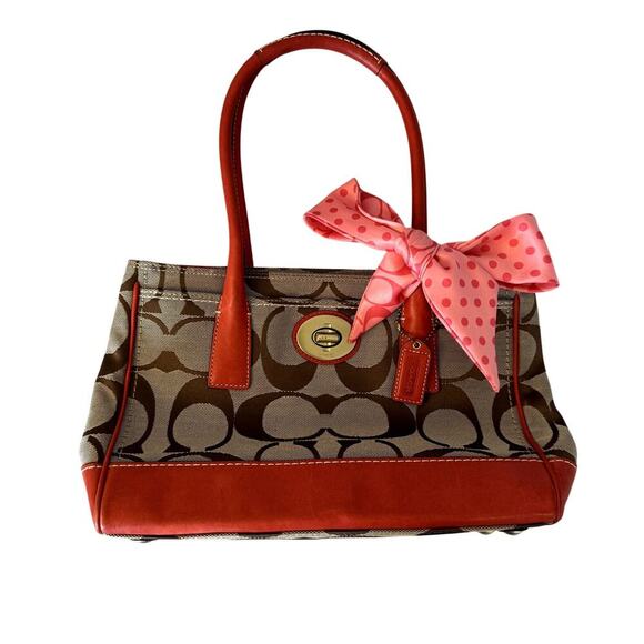 COACH Madeline Medium Geranium Khaki Sig C Tote Bag Purse Satchel w/ Scarf - Picture 1 of 7